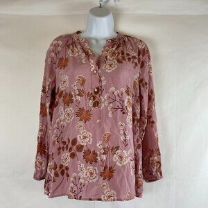 Spartina 449 Blouse XS Orchid Pink Brown White Floral Half Button Long Sleeve